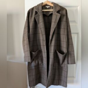Long Plaid One Button Coat - Brown/Gray